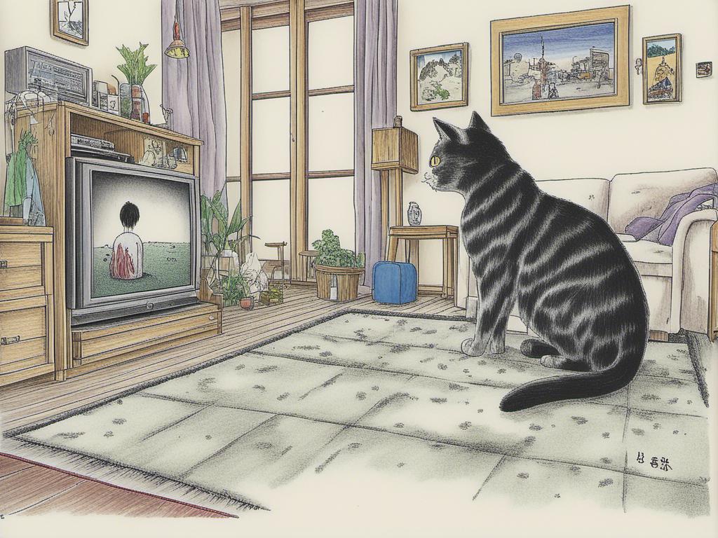 Prompt: <mymodel> a cat shows a cat on the living room television drawing of a contented cat enjoying, inked, detailed fur with subtle highlights, tranquil ambiance, high quality, charcoal drawing, realistic, detailed, contented cat, a cat shows a cat on the living room television, tranquil ambiance