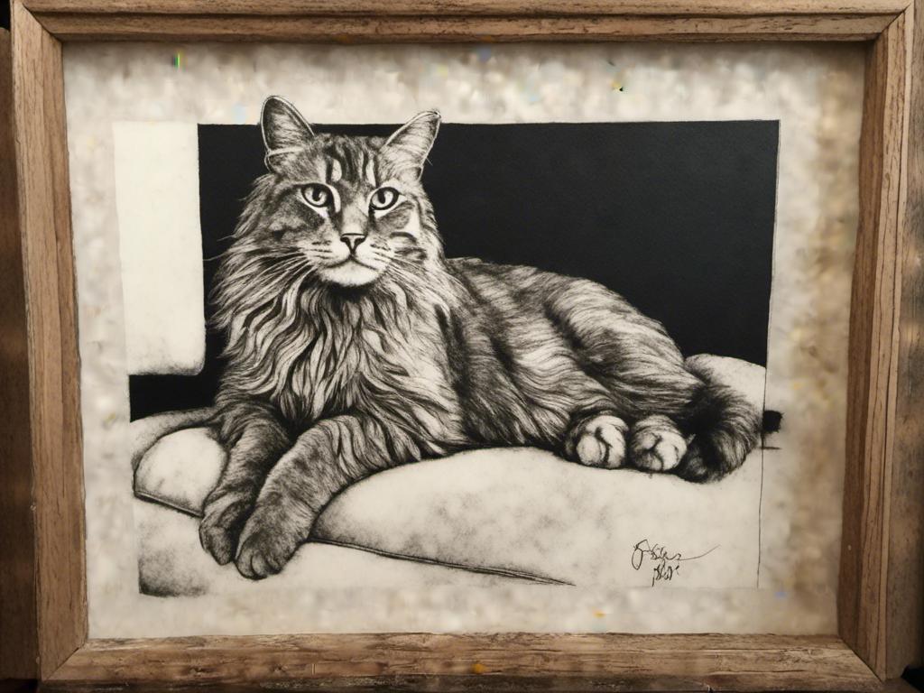 Prompt:  <mymodel> a cat shows a cat on the living room television drawing of a contented cat enjoying, inked, detailed fur with subtle highlights, tranquil ambiance, high quality, charcoal drawing, realistic, detailed, contented cat, a cat shows a cat on the living room television, tranquil ambiance