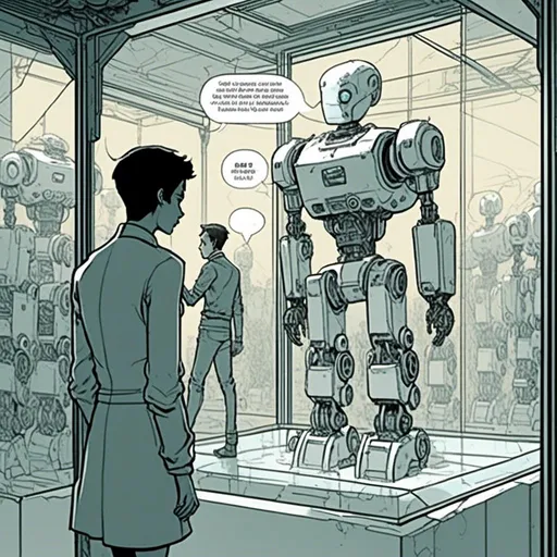 Prompt: <mymodel>a robot standing next to a machine in a glass case with a man inside of it, Artgerm, panfuturism, ex machina, concept art robot stortelling of  panels of comic for manga, with speech bubbles. white and empty Speech bubbles, double page, surreal atmosphere, symbolic representation, high contrast, deep shadows, monochromatic, digital rendering, high quality, minimalist, conceptual art, graffiti style, abstract, surreal, symbolic, atmospheric lighting, comic édition. full strory comic love robot, white and empty Speech bubbles, stortelling  a robot standing next to a machine in a glass case with a man inside of it, Artgerm, panfuturism, ex machina, concept art