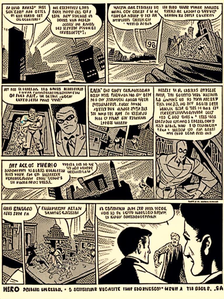 Prompt: <mymodel> siperman hero stortelling of  panels of comic for comic 1965,