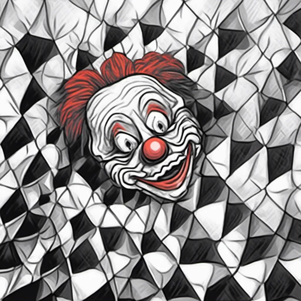 Prompt: <mymodel>Minimalistic hatching drawing of a red clown, black and white, simple lines, expressive facial features, high quality, hatching style, minimalism, contrasted shadows, detailed expression, professional, clean composition, monochrome, dramatic lighting