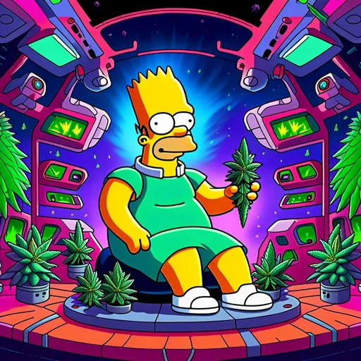 Prompt: Anime by Matt Groening, illustration of Simpson caractère with cannabis outfit  by Matt Groening; futuristic sci-fi setting, detailed characters, colorful and vibrant, highres, anime by Matt Groening, sci-fi, futuristic, detailed characters, vibrant colors, professional  Matt Groening, dynamic lighting<mymodel>