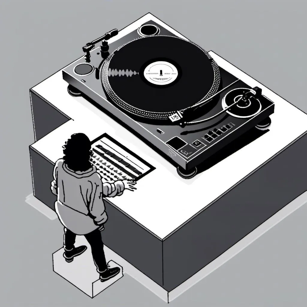 Prompt: <mymodel> here's an isometric view of a hand DJ: In this isometric view, the DJ is standing with both hands on the turntable, manipulating the record. The record is spinning quickly, creating a dynamic effect. The turntable is positioned in the center of the isometric space, with the DJ's hands hovering above it. The DJ's arms are positioned slightly out to the sides, creating a dynamic and energetic composition. The whole scene is presented from an isometric viewpoint, with a dynamic perspective and a cinematic quality.