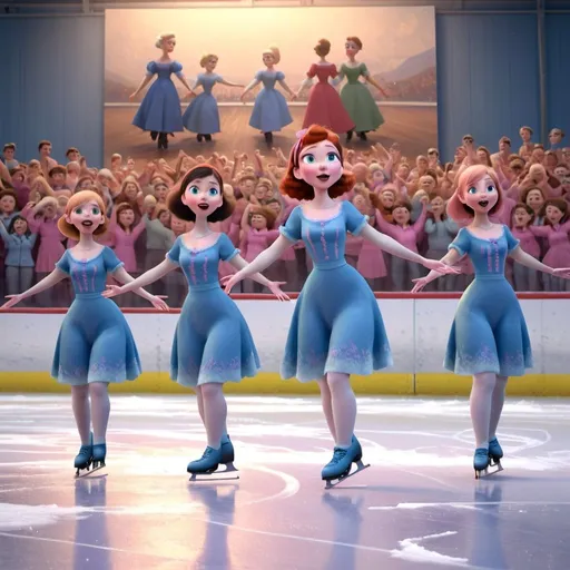 Prompt: a group of women in blue uniforms and pink dress skating on ice rinks in a line with their arms outstretched and legs spread out, Fabien Charuau, synchromism, promotional image, a renaissance painting