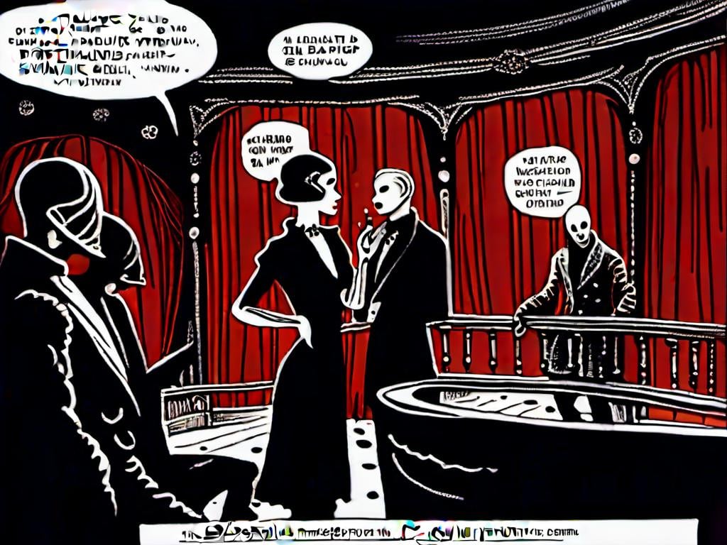 Prompt: stroyboard, storytelling, script comic book; Mysterious performers in a cabaret noir, eerie gothic <mymodel>setting, dimly lit stage, ominous atmosphere, detailed makeup, highres, detailed, misc-macabre, dark tones, gothic, vintage, atmospheric lighting; stroyboard, storytelling, script comic book