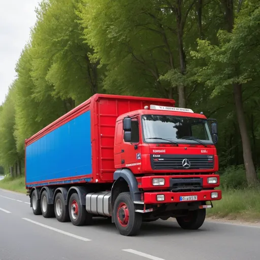 Prompt: 'je suis un camion bleu et je rêve que je suis rouge; avec une roulotte dans la bennes et des écureuils utilisent cette roulotte, imagine quand même !'