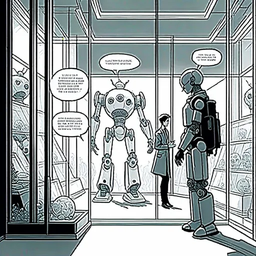 Prompt: <mymodel>a robot standing next to a machine in a glass case with a man inside of it, Artgerm, panfuturism, ex machina, concept art robot stortelling of  panels of comic for manga, with speech bubbles. white and empty Speech bubbles, double page, surreal atmosphere, symbolic representation, high contrast, deep shadows, monochromatic, digital rendering, high quality, minimalist, conceptual art, graffiti style, abstract, surreal, symbolic, atmospheric lighting, comic édition. full strory comic love robot, white and empty Speech bubbles, stortelling  a robot standing next to a machine in a glass case with a man inside of it, Artgerm, panfuturism, ex machina, concept art