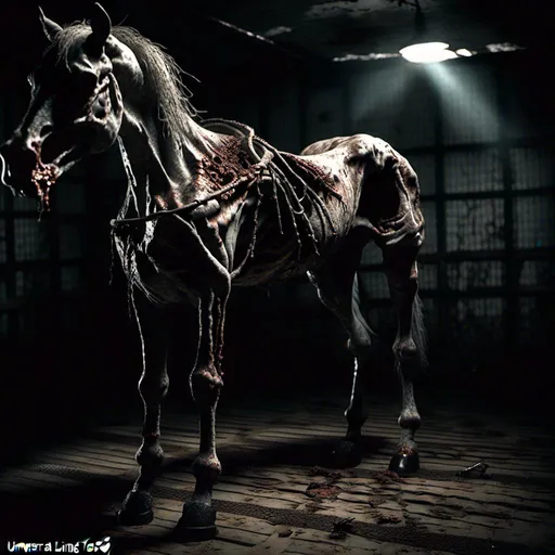 Prompt: Decaying horse, dark and eerie atmosphere, gloomy setting, macabre style, rotting flesh, haunting presence, eerie lighting, high contrast, unsettling details, visceral textures, eerie shadows, horror, gothic, distorted features, unsett<mymodel>ling, surreal, highres, eerie tones, visceral, atmospheric lighting