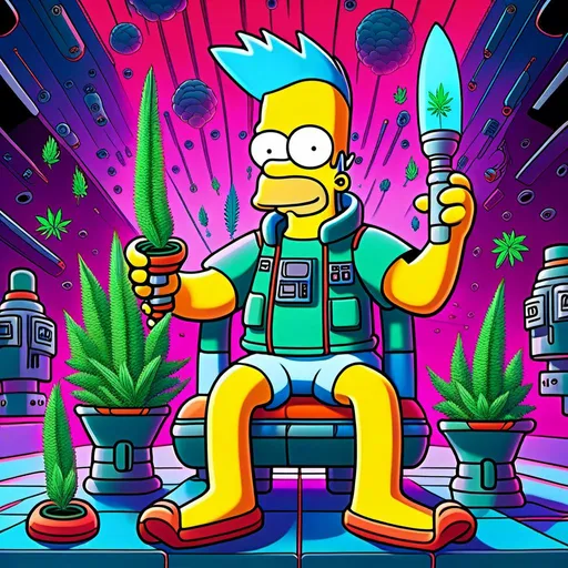 Prompt: Anime by Matt Groening, illustration of Simpson caractère with cannabis outfit  by Matt Groening; futuristic sci-fi setting, detailed characters, colorful and vibrant, highres, anime by Matt Groening, sci-fi, futuristic, detailed characters, vibrant colors, professional  Matt Groening, dynamic lighting<mymodel>