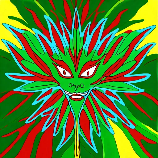 Prompt: <mymodel><mymodel>Psychedelic digital rendering of a vibrant green cannabis leaf, shadow of the leaf plant at the bottom, rasta-themed background in green, yellow, and red, detailed and intricate leaf veins, vibrant and lively colors, high contrast, trippy artistic style, surreal lighting effects, best quality, highres, ultra-detailed, psychedelic, vibrant colors, intricate details, surreal lighting, rasta-themed background, cannabis leaf