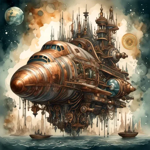 Prompt: <mymodel>Steampunk illustration of 'Odysseus' Earth space shuttle, brass and copper tones, mechanical gears and cogs, Victorian-era design, steam-powered propulsion, detailed rivets and aged metal, intricate spacecraft interior, futuristic yet antique, atmospheric lighting, high quality, detailed machinery, steampunk, antique tones, intricate design, spacecraft interior, aged metal, atmospheric lighting