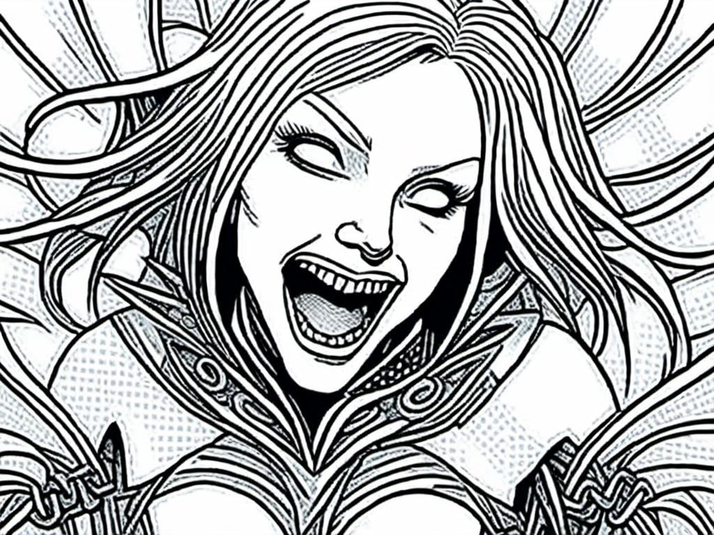 Prompt: <mymodel>stroyboard, storytelling, script comic bookdetailed inked panels, special edition storytelling, high-quality, professional, real, intense actionteenage female cenobite with face covered in symmetrical metal blades and machines. insane laughter, dead, dead white eyes, Goddess of love and pain, divine madness, detailed facial expression, suspended in air by chains coming out of her body, ultra fine details, masterpiece, <mymodel>stroyboard, storytelling, script comic book