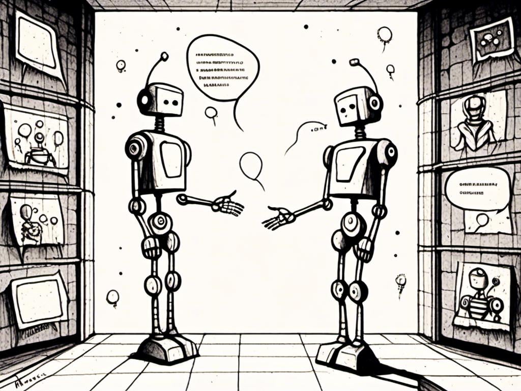 Prompt: <mymodel>love robot stortelling of  panels of comic for manga, with speech bubbles. white and empty Speech bubbles, double page, surreal atmosphere, symbolic representation, high contrast, deep shadows, monochromatic, digital rendering, high quality, minimalist, conceptual art, graffiti style, abstract, surreal, symbolic, atmospheric lighting, comic édition. full strory comic love robot, white and empty Speech bubbles, stortelling 