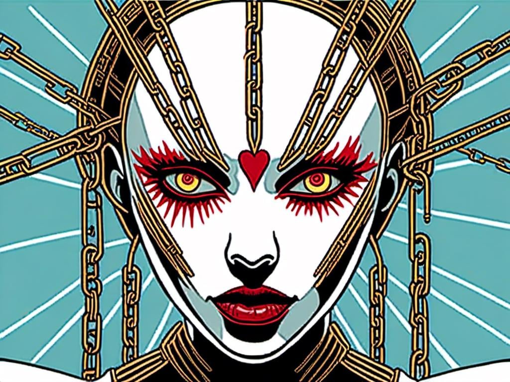 Prompt: <mymodel> teenage female cenobite with face covered in symmetrical metal blades and machines. insane laughter, dead, dead white eyes, Goddess of love and pain, divine madness, detailed facial expression, suspended in air by chains coming out of her body, ultra fine details, masterpiece