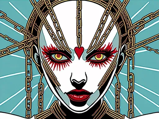 Prompt: <mymodel> teenage female cenobite with face covered in symmetrical metal blades and machines. insane laughter, dead, dead white eyes, Goddess of love and pain, divine madness, detailed facial expression, suspended in air by chains coming out of her body, ultra fine details, masterpiece