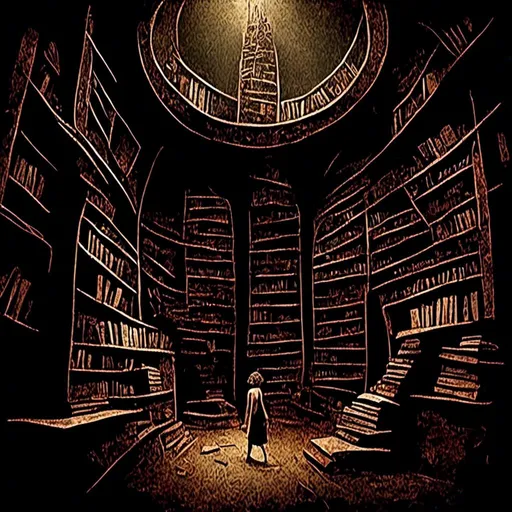 Prompt: <mymodel>Surreal, ancient library with towering stacks of books, labyrinthine aisles, cavernous silence, hushed whispers, detailed graffiti-style artwork, dancing shadows, dreamlike atmosphere, bygone era, atmospheric lighting, dark tones, mysterious, ethereal, intricate details, professional, artistic