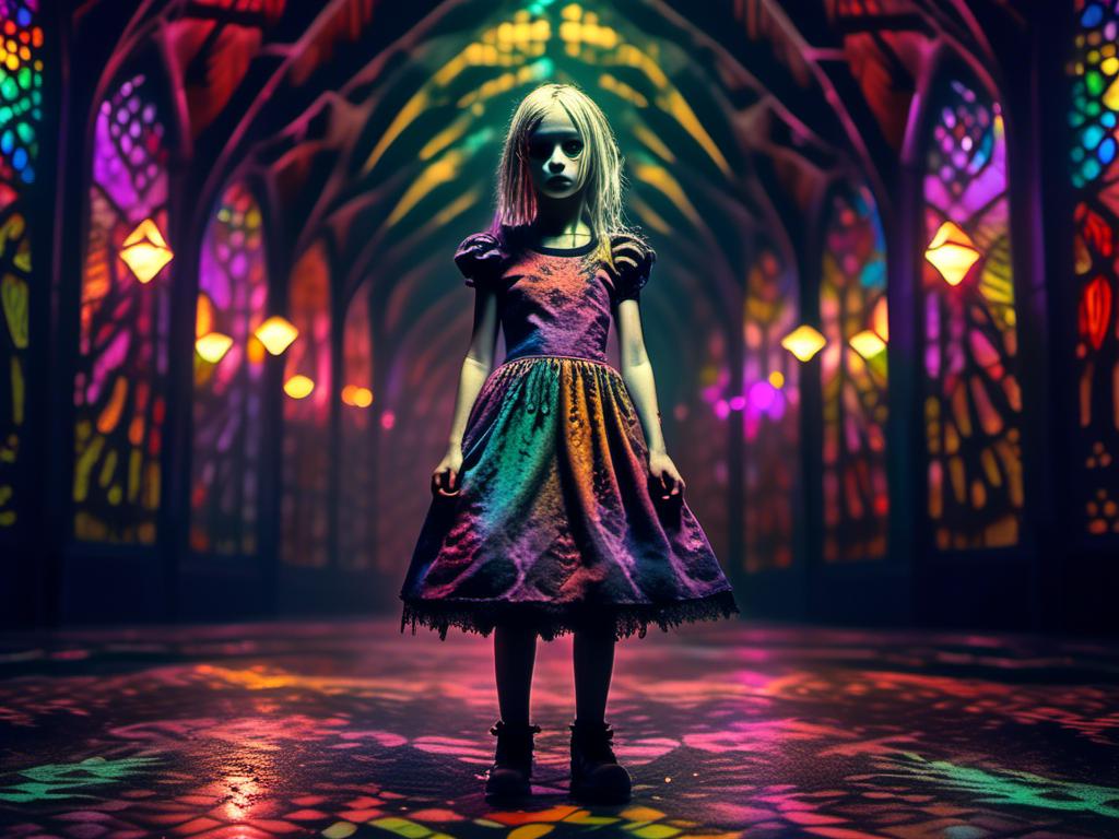 Prompt: full body shot, Little chaotic evil insane living dead girl with rotting pale flesh in a beautiful out of place dress, eerie atmospheric lighting, psychedelic  color tones, horror, detailed facial features, highres, ultra-detailed, Lovecraftian, eerie, sinister, haunting lighting, divine madness, holy killer, little Goddess of death. longing, madness, nothing love, holy death girl, smiling from ear to ear, glowing white eyes with ethereal trails, extreme emotion, If you are reading this I love you so much.<mymodel>