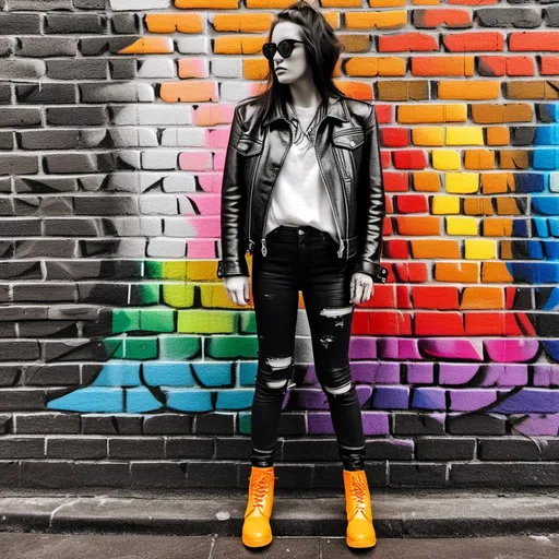 Prompt: 
Pointillism (ultra-detailed dots)
BLACK AND WHITE colors (MUTED)
SHADOWS High-resolution
Professional light
youngS punks, clad in ripped IMPRIMED leather jackets, IMPRIMED  tartan JEANS, and IMPRIMED  Doc Martens boots, stand with a rebellious air in front of a painted brick wall. The wall explodes with a riot of rainbow colors, adorned with graffiti that declares messages of defiance and social change. Imagine the scene rendered in the detailed, pointillism style. creating a scene that pulsates with electrifying energy. Each individual punk's expression is captured with precise detail, their gazes focused and intense, reflecting the rebellious spirit of both London and Amsterdam's punk scene 1975. The lighting is professional, highlighting the unique details of their clothing and the weathered texture of the brick wall.

<mymodel>
