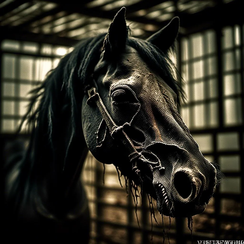 Prompt: Decaying horse, dark and eerie atmosphere, gloomy setting, macabre style, rotting flesh, haunting presence, eerie lighting, high contrast, unsettling details, visceral textures, eerie shadows, horror, gothic, distorted features, unsett<mymodel>ling, surreal, highres, eerie tones, visceral, atmospheric lighting