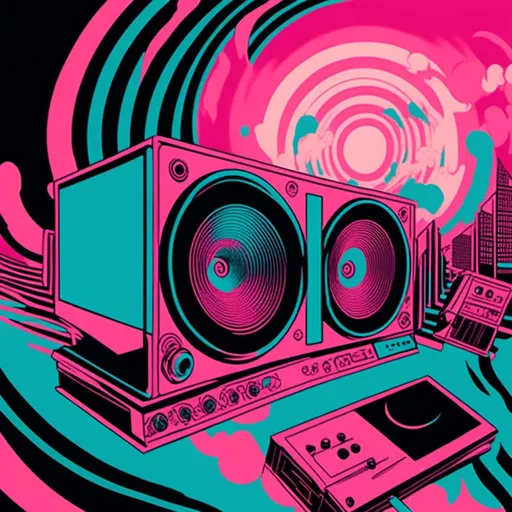 Prompt: <mymodel>Illustration of music in ads-corporate style, cyan and pink color tones, symbolism, cloudcore, endercore, wavy lines and organic shapes, black background, high quality, ads-corporate, cyan and pink, symbolism, cloudcore, endercore, wavy lines, organic shapes, professional, atmospheric lighting