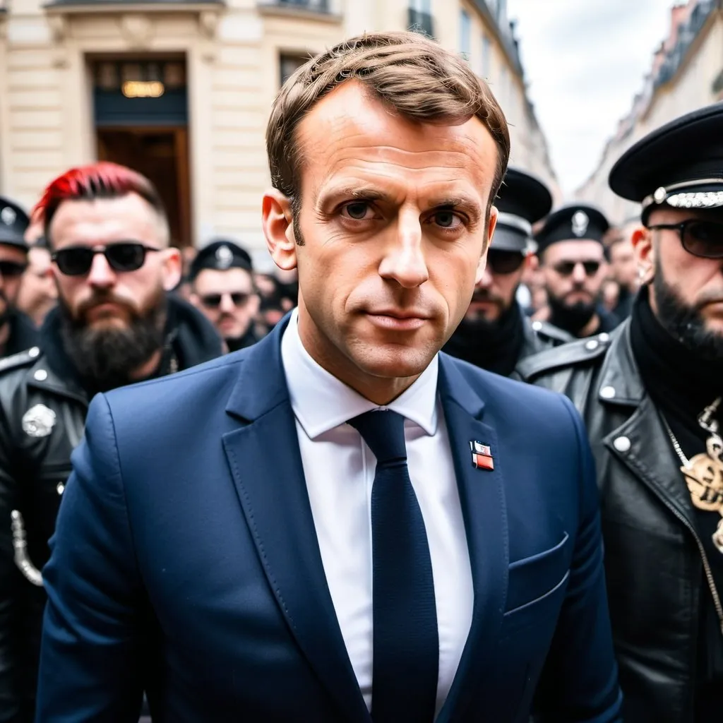 Prompt: frensch president macron full stang up,  punk outfit and head with street tatoo ; neoism, photo real, a stock photo