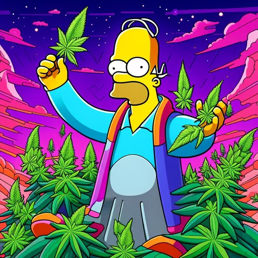 Prompt: Anime by Matt Groening, illustration of Simpson caractère with cannabis outfit  by Matt Groening; futuristic sci-fi setting, detailed characters, colorful and vibrant, highres, anime by Matt Groening, sci-fi, futuristic, detailed characters, vibrant colors, professional  Matt Groening, dynamic lighting<mymodel>