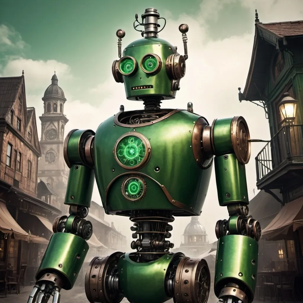 Prompt: https://pic.digital/blog/prompt-image-ai/robot green steampunk, stand up, in cyber world with old town in background et very steamy old time