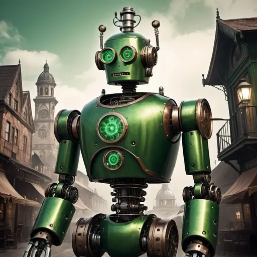 Prompt: https://pic.digital/blog/prompt-image-ai/robot green steampunk, stand up, in cyber world with old town in background et very steamy old time