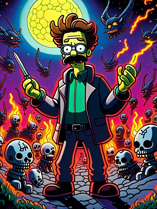 Prompt: Anime by Matt Groening, illustration of Ned Flanders are devil  by Matt Groening; futuristic sci-fi setting, detailed characters, colorful and vibrant, highres, anime by Matt Groening, sci-fi, futuristic, detailed characters, vibrant colors, professional  Matt Groening, dynamic lighting<mymodel>