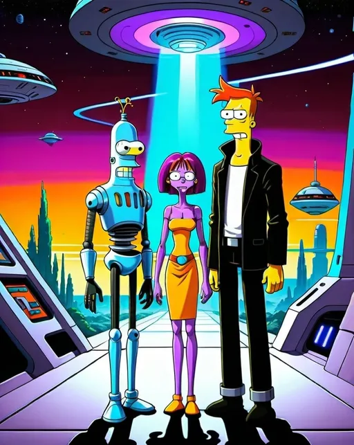 Prompt: Anime illustration of Fry, Leela, and Bender by Matt Groening; futuristic sci-fi setting, detailed characters, colorful and vibrant, highres, anime, sci-fi, futuristic, detailed characters, vibrant colors, professional, dynamic lighting