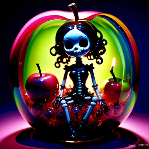 Prompt: <mymodel>Vibrant pop art illustration of a transparent glass apple with daark doll inside sculpture, bold colors, high contrast, detailed glasswork, glossy finish, high quality, misc-macabre, vibrant pop art, bold colors, high contrast, detailed glasswork, glossy finish