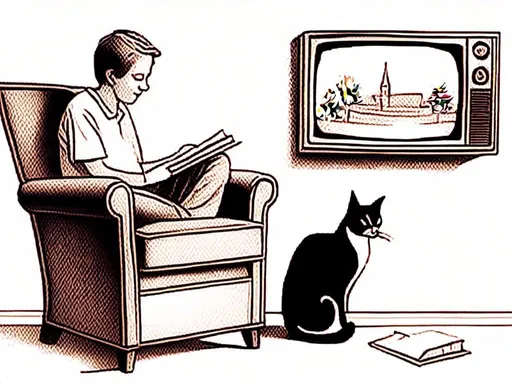 Prompt: <mymodel> a cat shows a cat on the living room television drawing of a contented cat enjoying, inked, detailed fur with subtle highlights, tranquil ambiance, high quality, charcoal drawing, realistic, detailed, contented cat, a cat shows a cat on the living room television, tranquil ambiance