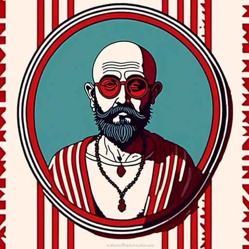 Prompt: <mymodel><mymodel>Bearded man drawn like a logo, whit mustache,no hair, bald head, White cotton t-shirt with horizontal red stripes very regular and 1cm large, round glasses, high quality, detailed design, minimalistic, professional lighting, cool tones, minimalist style, highres, detailed facial hair, mature, sophisticated, cool tones, minimalistic, focused lighting<mymodel>