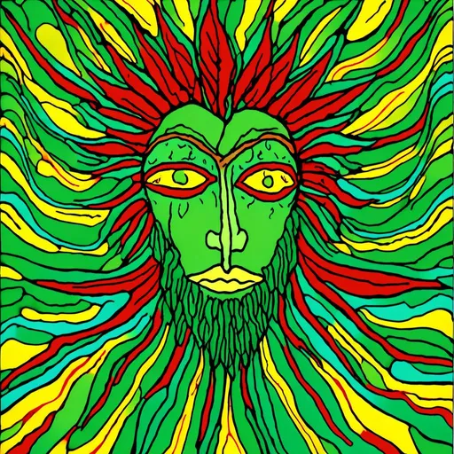 Prompt: <mymodel><mymodel>Psychedelic digital rendering of a vibrant green cannabis leaf, shadow of the leaf plant at the bottom, rasta-themed background in green, yellow, and red, detailed and intricate leaf veins, vibrant and lively colors, high contrast, trippy artistic style, surreal lighting effects, best quality, highres, ultra-detailed, psychedelic, vibrant colors, intricate details, surreal lighting, rasta-themed background, cannabis leaf