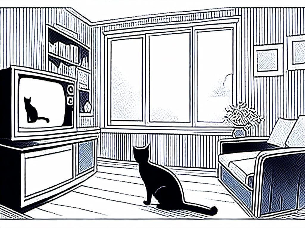 Prompt: <mymodel> a cat shows a cat on the living room television drawing of a contented cat enjoying, inked, detailed fur with subtle highlights, tranquil ambiance, high quality, charcoal drawing, realistic, detailed, contented cat, a cat shows a cat on the living room television, tranquil ambiance