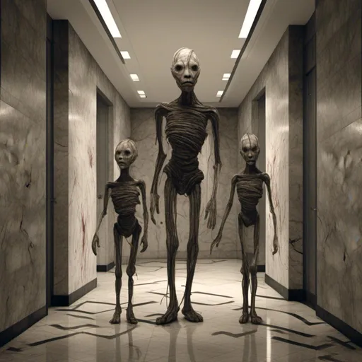 Prompt: <mymodel>a creepy looking creature with a large head and two smaller heads on his body in a hallway with a wall, shock art, hyper real, a 3D render