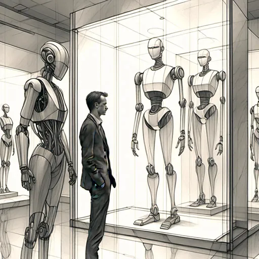 Prompt: <mymodel>a drawing of a robot standing next to a machine in a glass case with a man inside of it, Artgerm, panfuturism, ex machina, concept art