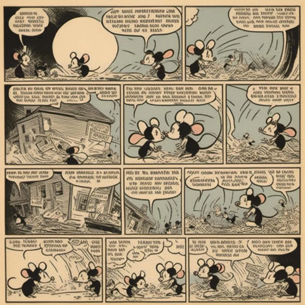 Prompt: <mymodel> 3 panel comic strip super mouse 1935