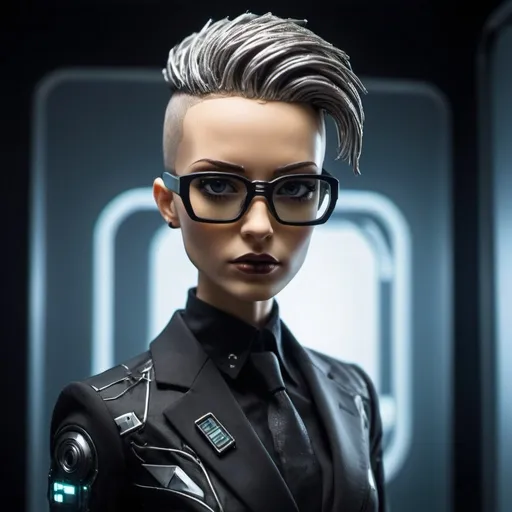 Prompt: Punk 75 doll with unique facial features, holding a futuristic dope, wearing a cutting-edge suit and glasses, futuristic-cyberpunk art style, symbolic, exclusive, science-fiction, Claire Falkenstein, Les Automatistes, Ex Machina, marginalization, futuristic, symbolic, exclusion, cyberpunk, Les Automatistes, unique facial features, high-tech suit, symbolically exclusive, cutting-edge glasses, science-fiction, professional, futuristic-cyberpunk lighting