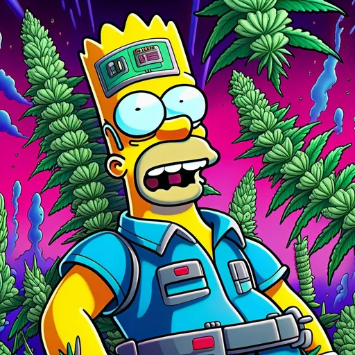 Prompt: Anime by Matt Groening, illustration of Simpson caractère with cannabis outfit  by Matt Groening; futuristic sci-fi setting, detailed characters, colorful and vibrant, highres, anime by Matt Groening, sci-fi, futuristic, detailed characters, vibrant colors, professional  Matt Groening, dynamic lighting<mymodel>