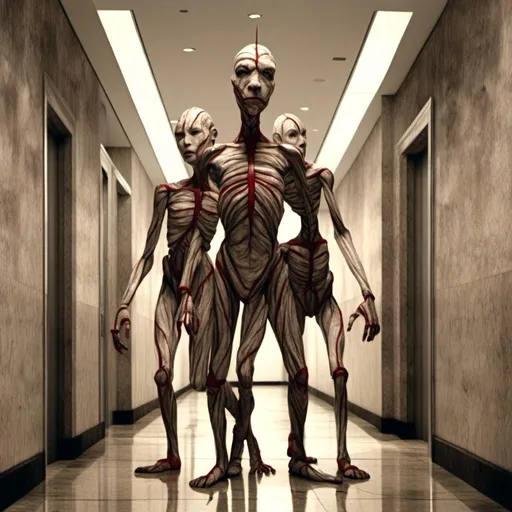 Prompt: <mymodel>a creepy looking creature with a large head and two smaller heads on his body in a hallway with a wall, shock art, hyper real, a 3D render