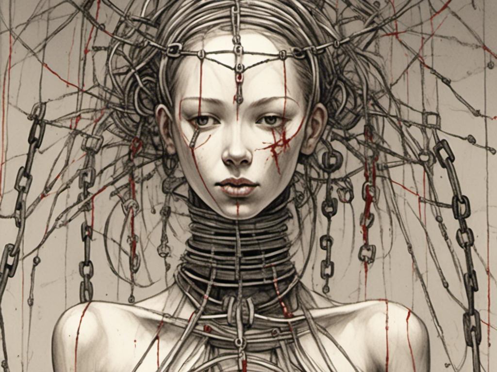 Prompt: <mymodel> teenage female cenobite with face covered in symmetrical metal blades and machines. insane laughter, dead, dead white eyes, Goddess of love and pain, divine madness, detailed facial expression, suspended in air by chains coming out of her body, ultra fine details, masterpiece