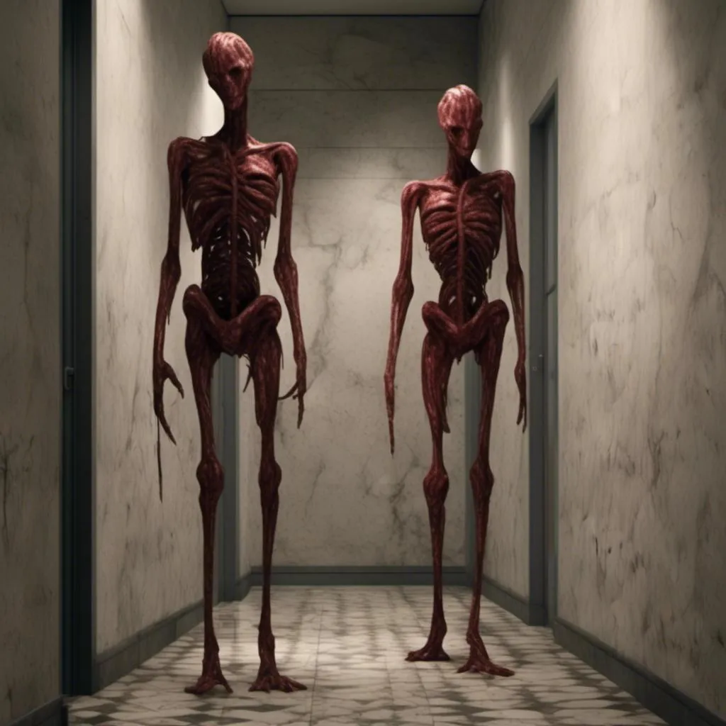 Prompt: <mymodel>a creepy looking creature with a large head and two smaller heads on his body in a hallway with a wall, shock art, hyper real, a 3D render