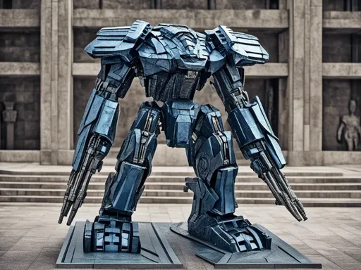Prompt: <mymodel>High-res, detailed 3D rendering of a combat machine, metallic material with riveted plates, futuristic sci-fi style, technical blue and metallic tones, intense and dramatic lighting, industrial urban setting, heavy-duty mechanical design, powerful and menacing presence, fully armed with advanced weapons, intricate mechanical details, professional-quality, sci-fi, combat machine, metallic, technical blue tones, intense lighting, industrial urban setting, menacing presence, advanced weapons, mechanical details