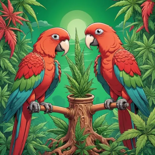 Prompt: prompt de base : Cartoon illustration " 2 parrots green and red  " with basmoking big joint with friends and big cannabis, vibrant and colorful, whimsical fantasy setting, intricate details, high quality, misc-manga, fantasy, vibrant colors, intricate design, magical atmosphere.
