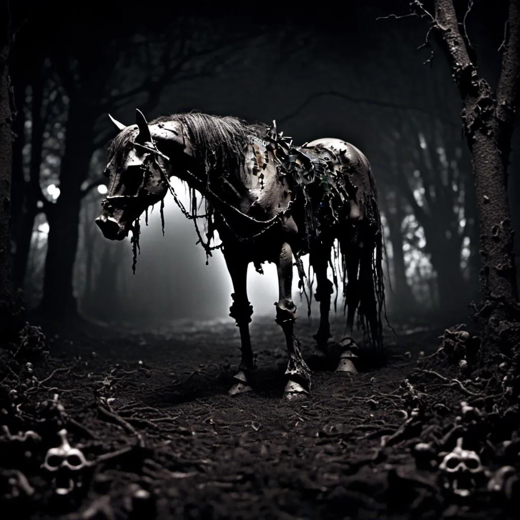 Prompt: Decaying horse, dark and eerie atmosphere, gloomy setting, macabre style, rotting flesh, haunting presence, eerie lighting, high contrast, unsettling details, visceral textures, eerie shadows, horror, gothic, distorted features, unsett<mymodel>ling, surreal, highres, eerie tones, visceral, atmospheric lighting