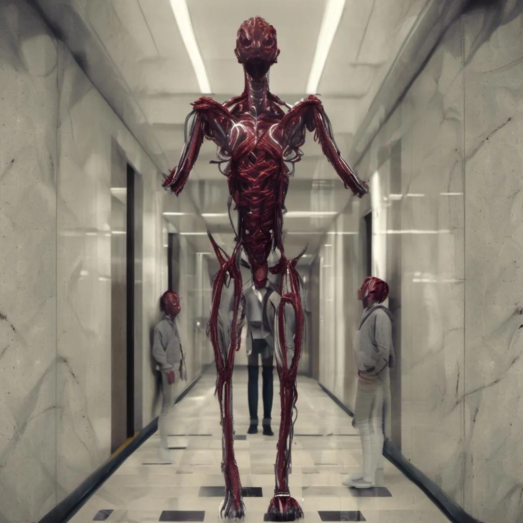 Prompt: <mymodel>a creepy looking creature with a large head and two smaller heads on his body in a hallway with a wall, shock art, hyper real, a 3D render