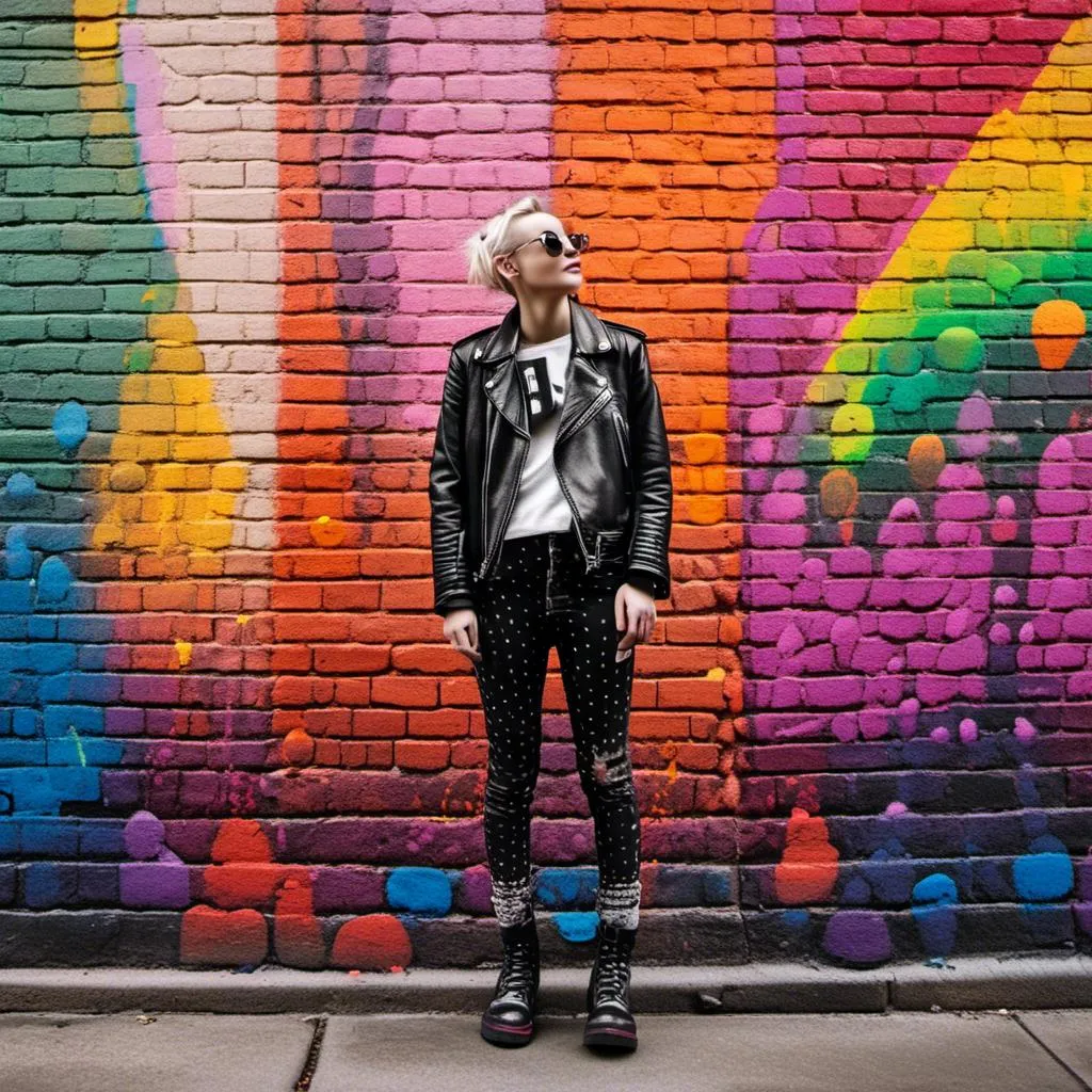 Prompt: 
Pointillism (ultra-detailed dots)
BLACK AND WHITE colors (MUTED)
SHADOWS High-resolution
Professional light
youngS punks, clad in ripped IMPRIMED leather jackets, IMPRIMED  tartan JEANS, and IMPRIMED  Doc Martens boots, stand with a rebellious air in front of a painted brick wall. The wall explodes with a riot of rainbow colors, adorned with graffiti that declares messages of defiance and social change. Imagine the scene rendered in the detailed, pointillism style. creating a scene that pulsates with electrifying energy. Each individual punk's expression is captured with precise detail, their gazes focused and intense, reflecting the rebellious spirit of both London and Amsterdam's punk scene 1975. The lighting is professional, highlighting the unique details of their clothing and the weathered texture of the brick wall.

<mymodel>