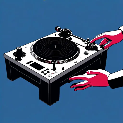 Prompt: <mymodel> here's an isometric view of a hand DJ: In this isometric view, the DJ is standing with both hands on the turntable, manipulating the record. The record is spinning quickly, creating a dynamic effect. The turntable is positioned in the center of the isometric space, with the DJ's hands hovering above it. The DJ's arms are positioned slightly out to the sides, creating a dynamic and energetic composition. The whole scene is presented from an isometric viewpoint, with a dynamic perspective and a cinematic quality.