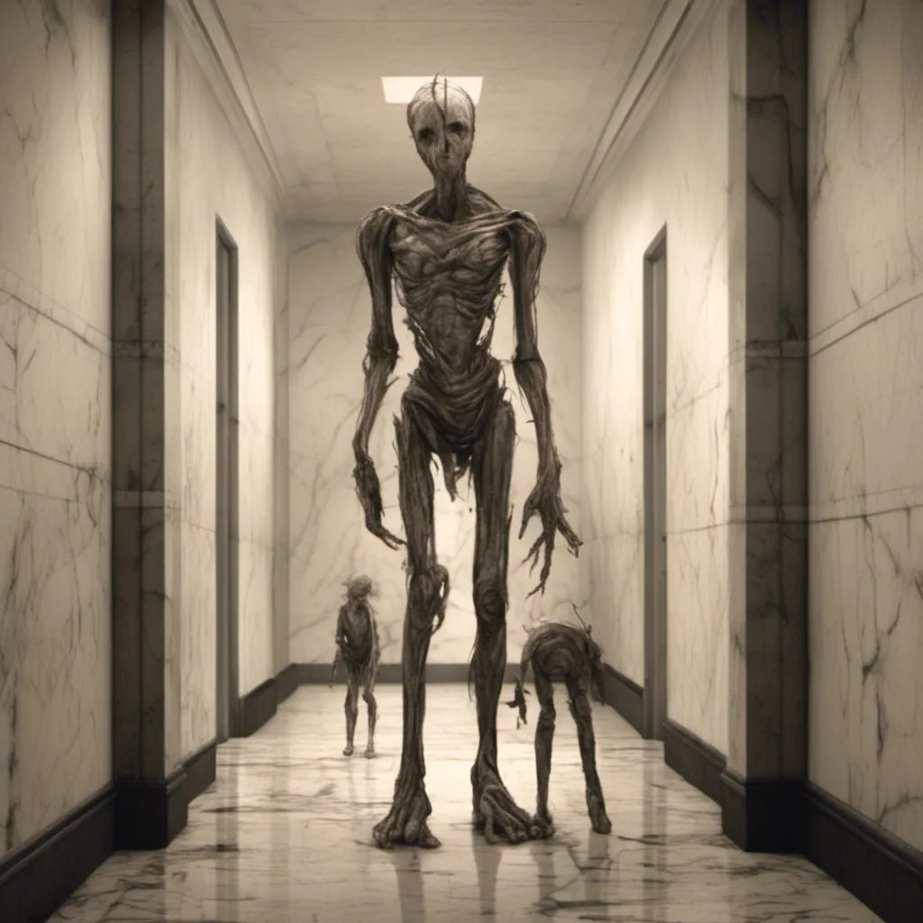 Prompt: <mymodel>a creepy looking creature with a large head and two smaller heads on his body in a hallway with a wall, shock art, hyper real, a 3D render